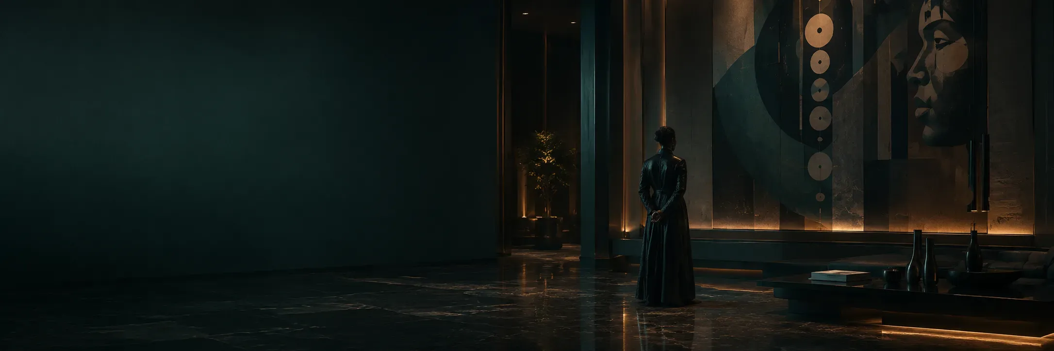 A figure standing before a monumental cultural work in a darkened lobby