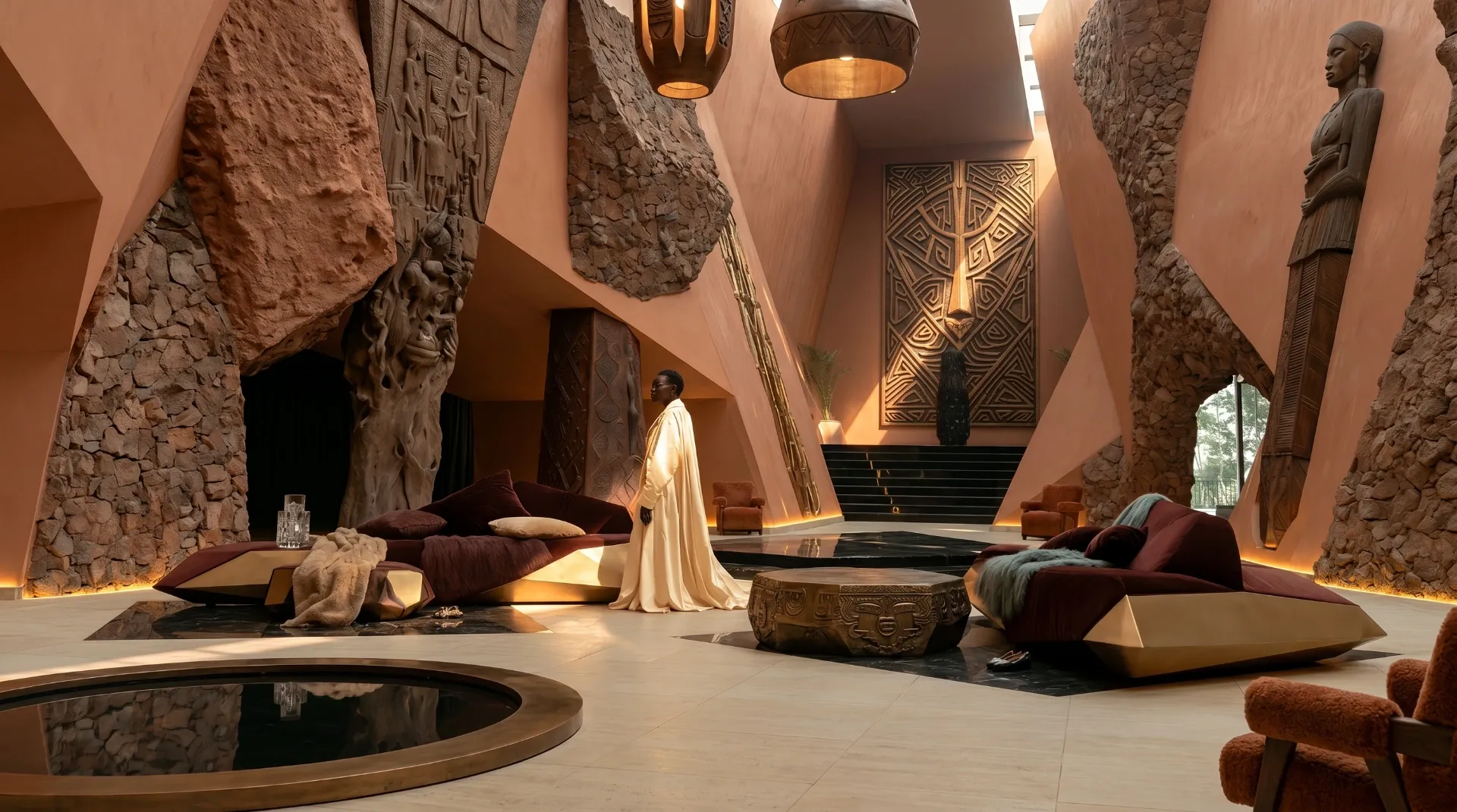 Bronze ancestral relief sculpture installed in a luxury hotel lobby