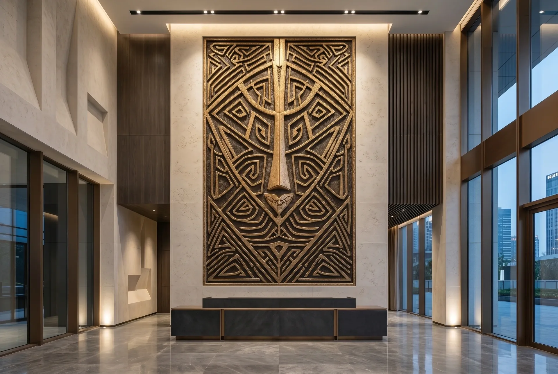 Bronze ancestral relief sculpture installed in a luxury hotel lobby