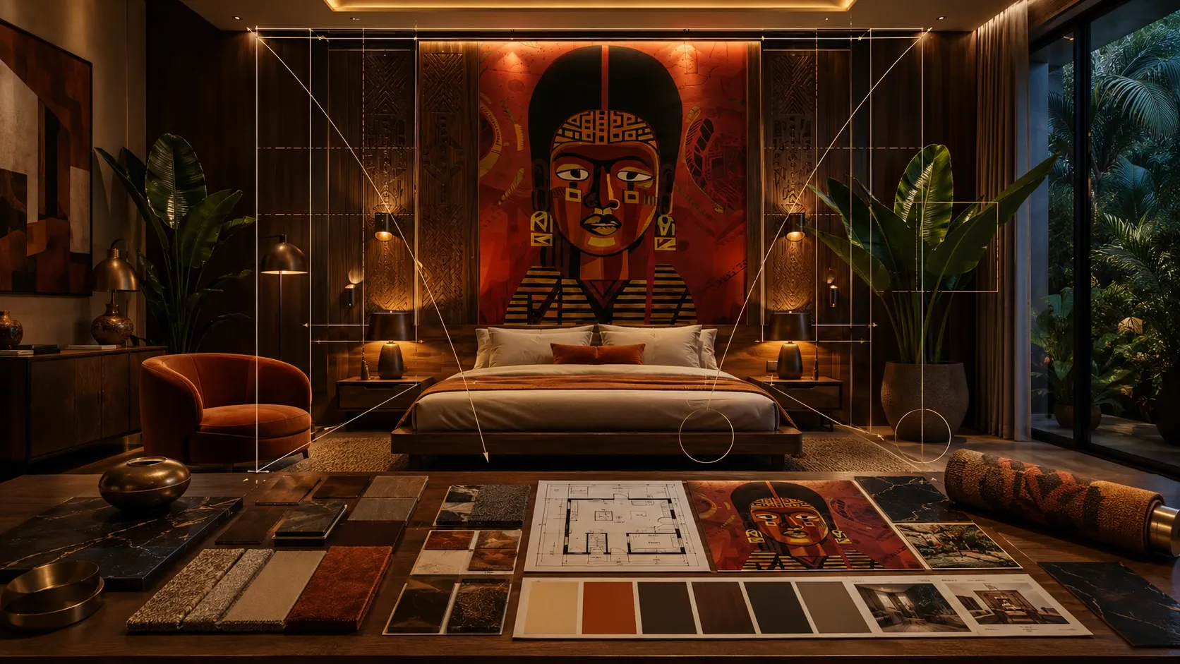 A space surveyed against its floor plan, material samples and reference boards