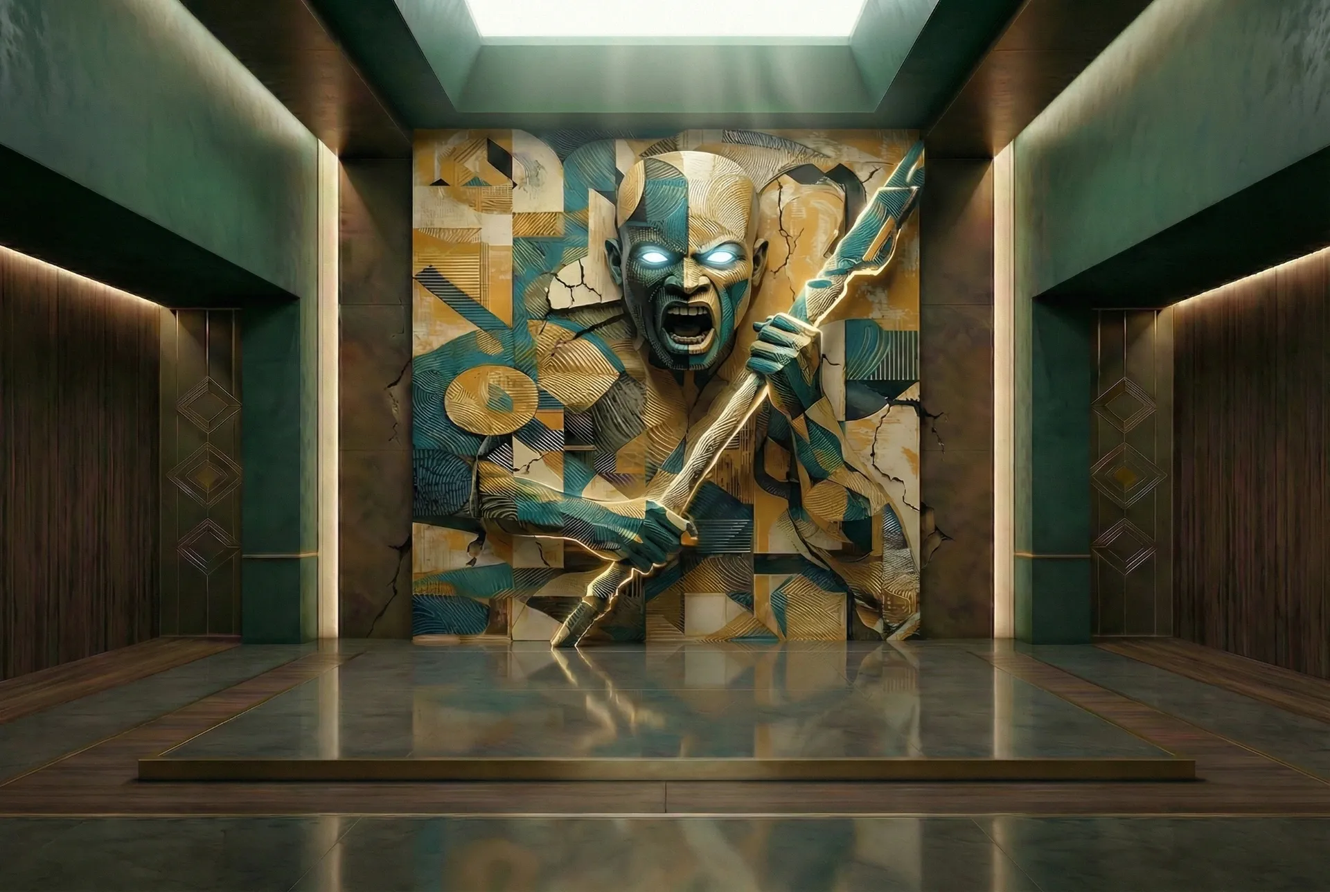 Jagun Jagun mural installed in a grand interior space