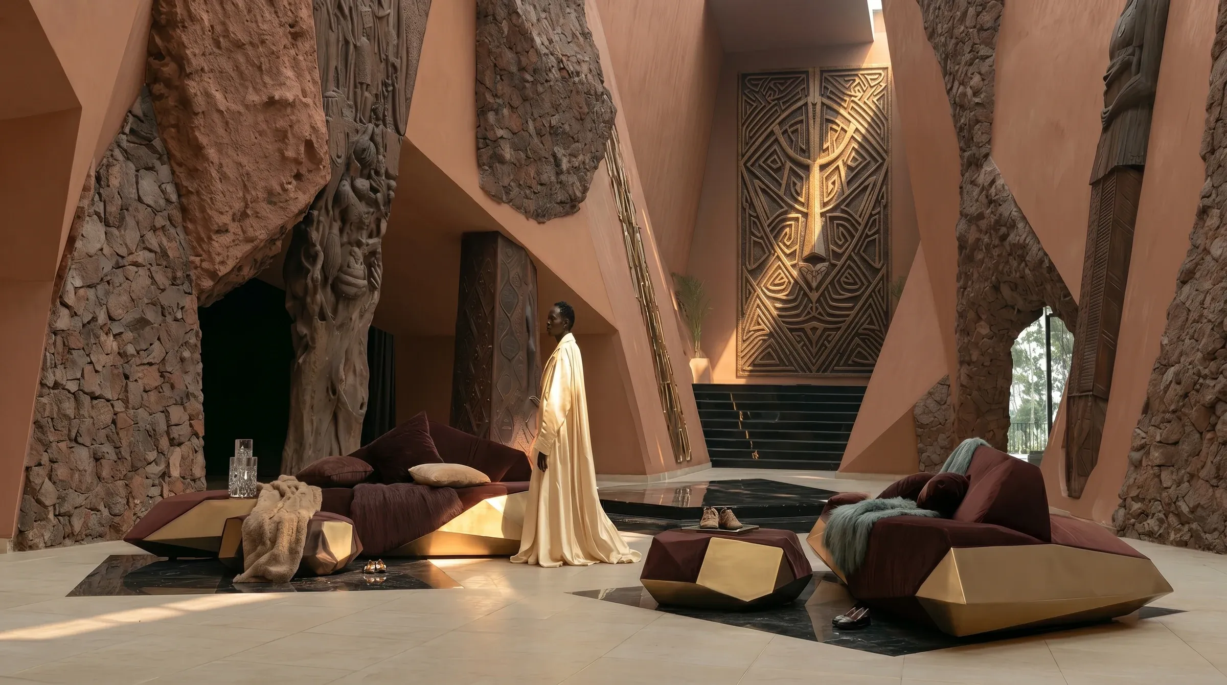 A cinematic African architectural interior with monumental carved panels, stone forms and a figure in a cream gown.