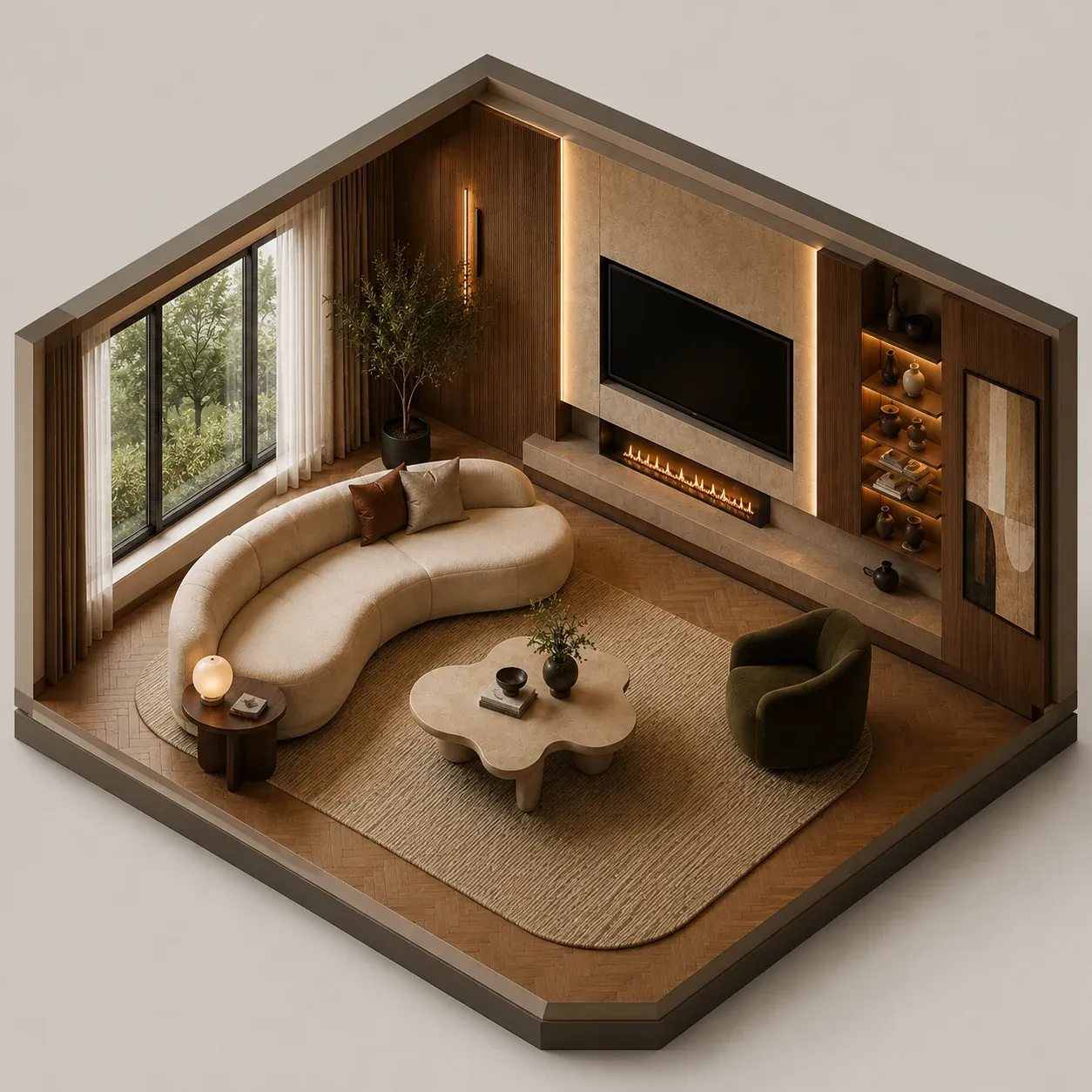 Isometric visual of the proposed living room design