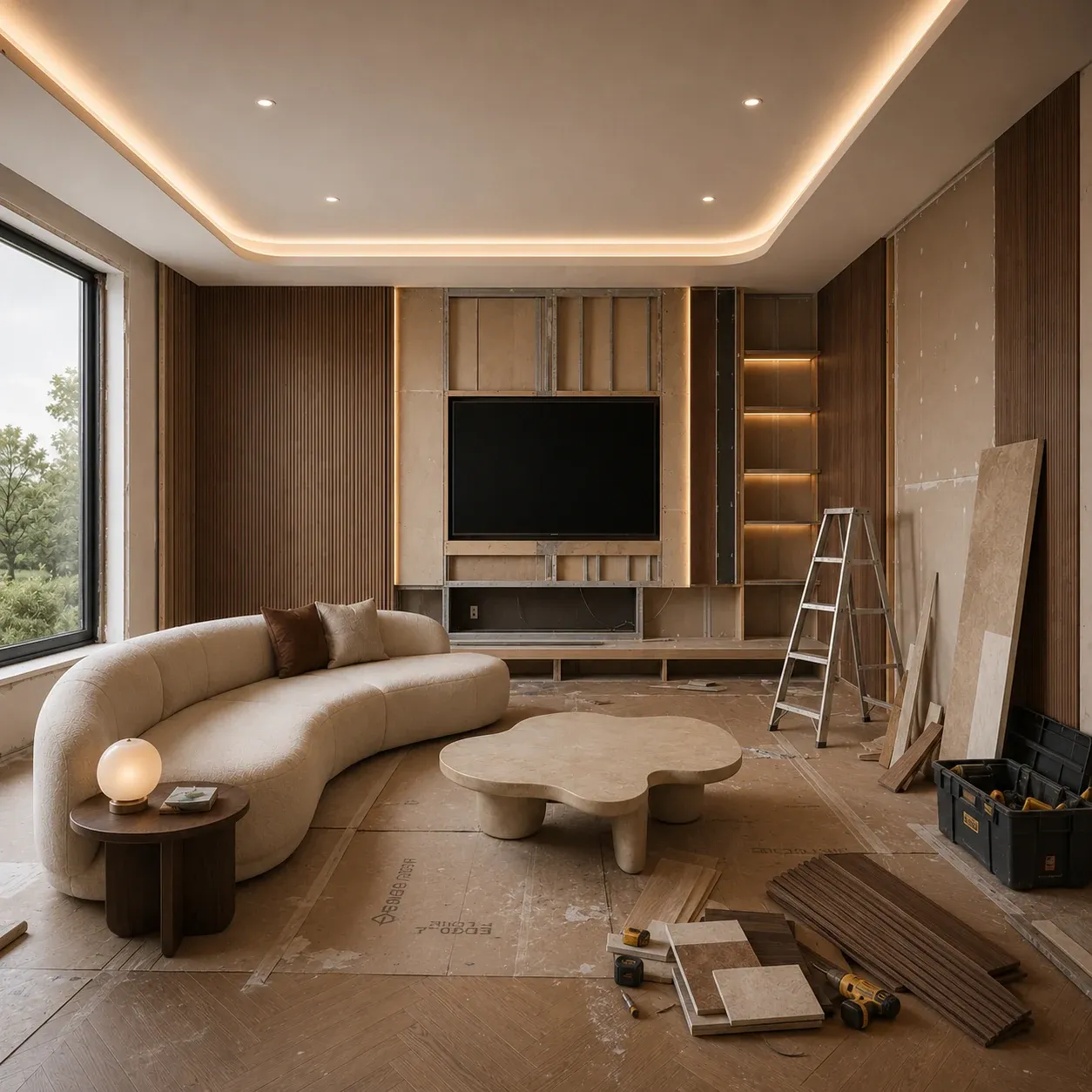 Living room installation in progress with tools and unfinished wall panels