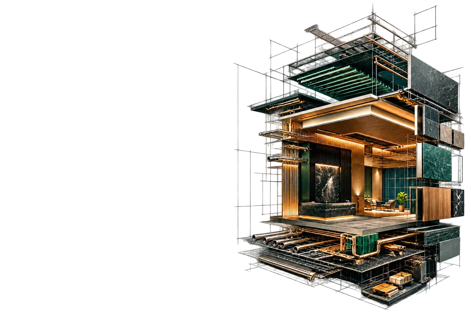 An exploded architectural space revealing coordinated structure, services, finishes and a completed interior