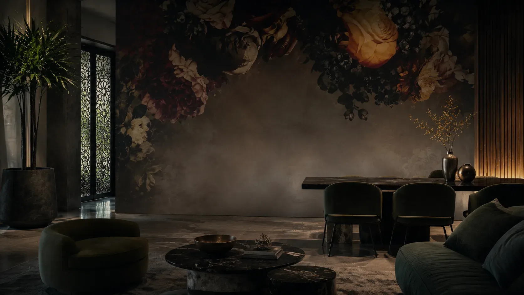 A finished interior at dusk, with a floral wall treatment and low warm lighting