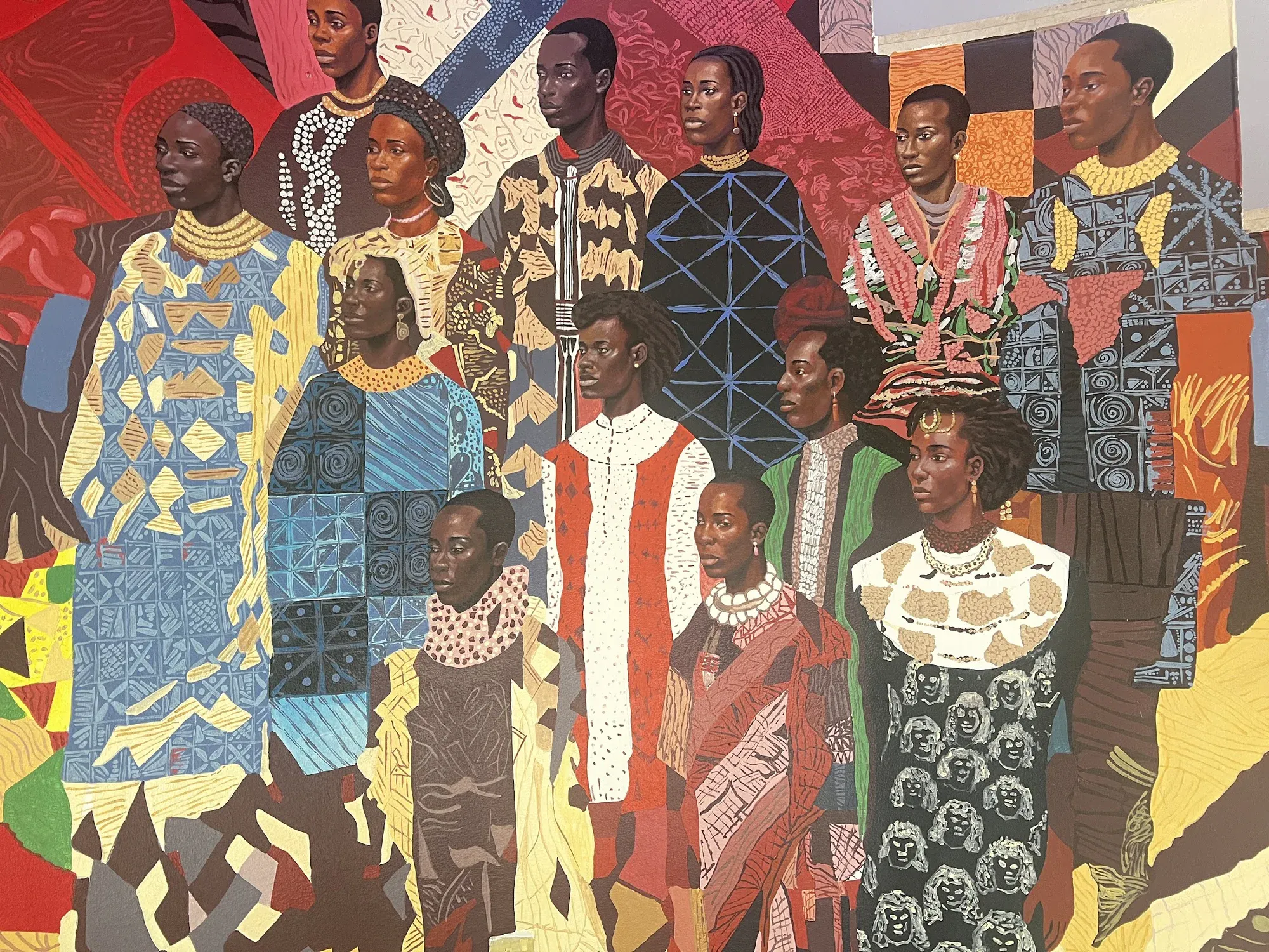 Detailed view of patterned figures in The Wheatbaker art programme